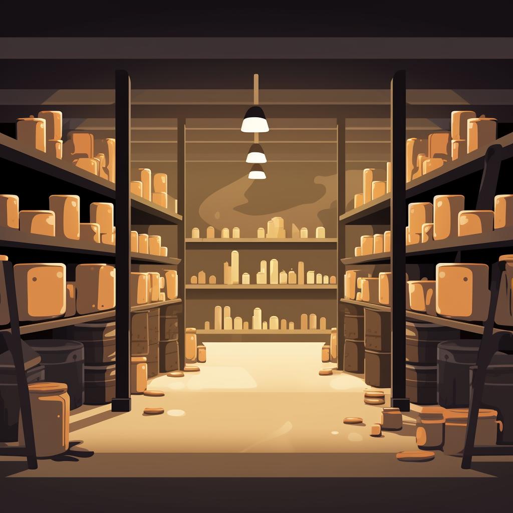 A cool, dry storage area with shelves filled with boxes of candle wax