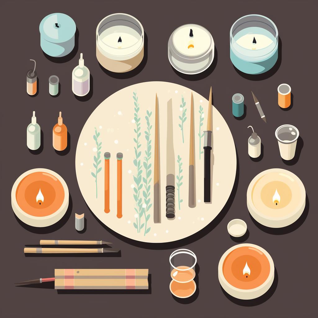 Candle making materials laid out on a table